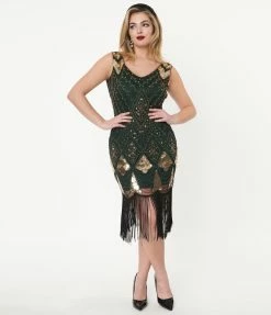 Clothing Unique Vintage 1920s Emerald & Gold Sequin Lina Flapper Dress