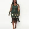 Unique Vintage Plus Size 1920s Emerald & Gold Sequin Lina Flapper Dress