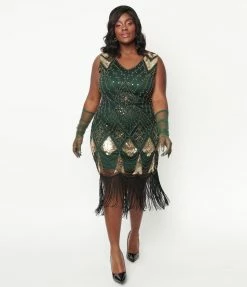 Unique Vintage Plus Size 1920s Emerald & Gold Sequin Lina Flapper Dress
