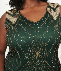 Unique Vintage Plus Size 1920s Emerald & Gold Sequin Lina Flapper Dress