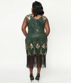 Unique Vintage Plus Size 1920s Emerald & Gold Sequin Lina Flapper Dress