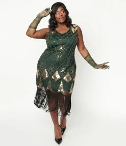 Unique Vintage Plus Size 1920s Emerald & Gold Sequin Lina Flapper Dress