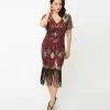 Unique Vintage 1920s Gold Sequin & Burgundy Katriane Flapper Dress Clothing