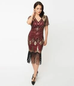 Unique Vintage 1920s Gold Sequin & Burgundy Katriane Flapper Dress Clothing