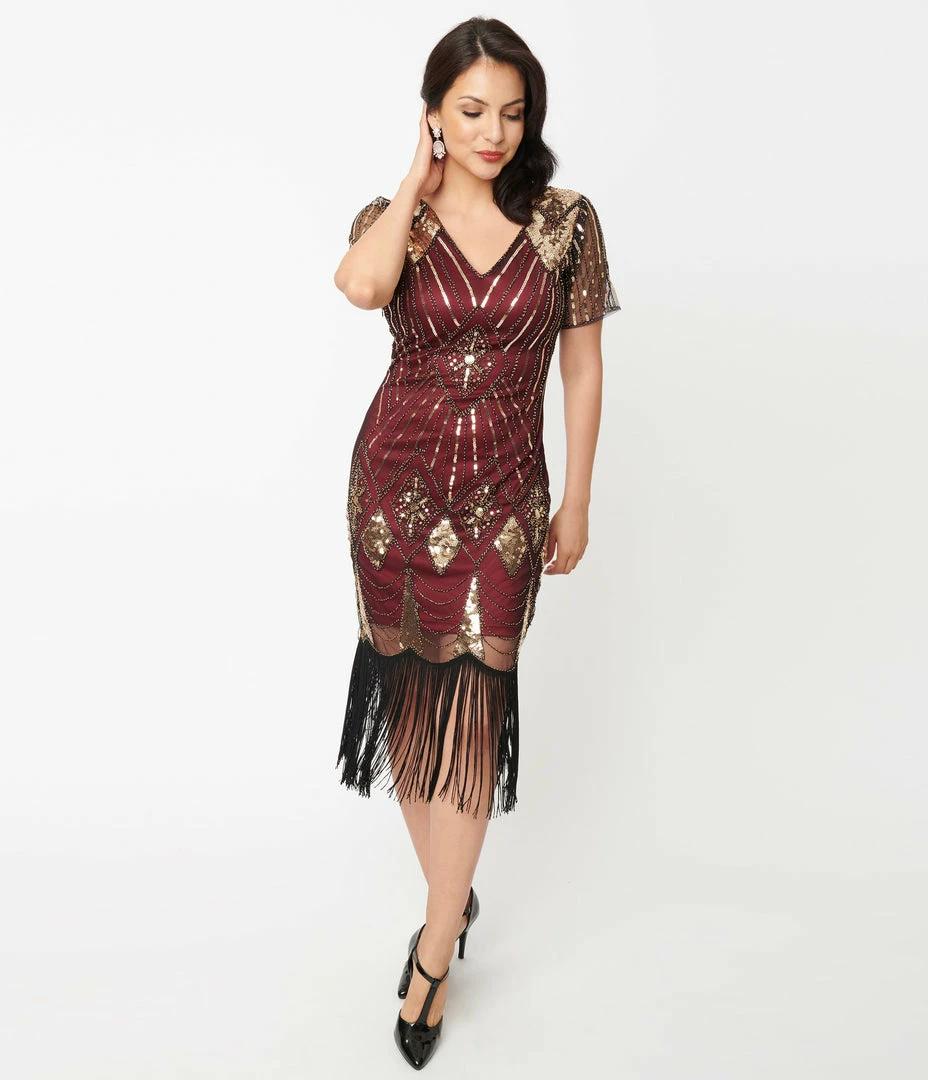 Unique Vintage 1920s Gold Sequin & Burgundy Katriane Flapper Dress Clothing
