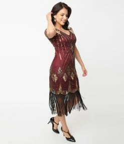 Unique Vintage 1920s Gold Sequin & Burgundy Katriane Flapper Dress Clothing