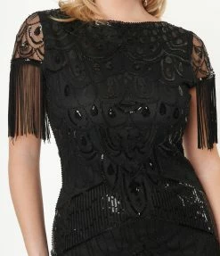 Clothing Unique Vintage 1920s Black Sequin Sleeved Laure Flapper Dress