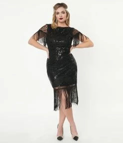 Clothing Unique Vintage 1920s Black Sequin Sleeved Laure Flapper Dress