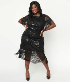 Clothing Unique Vintage Plus Size 1920s Black Sequin Fringe Sleeved Laure Flapper Dress