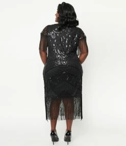 Clothing Unique Vintage Plus Size 1920s Black Sequin Fringe Sleeved Laure Flapper Dress