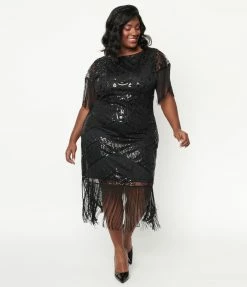 Clothing Unique Vintage Plus Size 1920s Black Sequin Fringe Sleeved Laure Flapper Dress