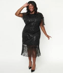 Clothing Unique Vintage Plus Size 1920s Black Sequin Fringe Sleeved Laure Flapper Dress