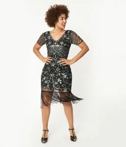 Unique Vintage 1920s Black & Silver Beaded Troyes Flapper Dress