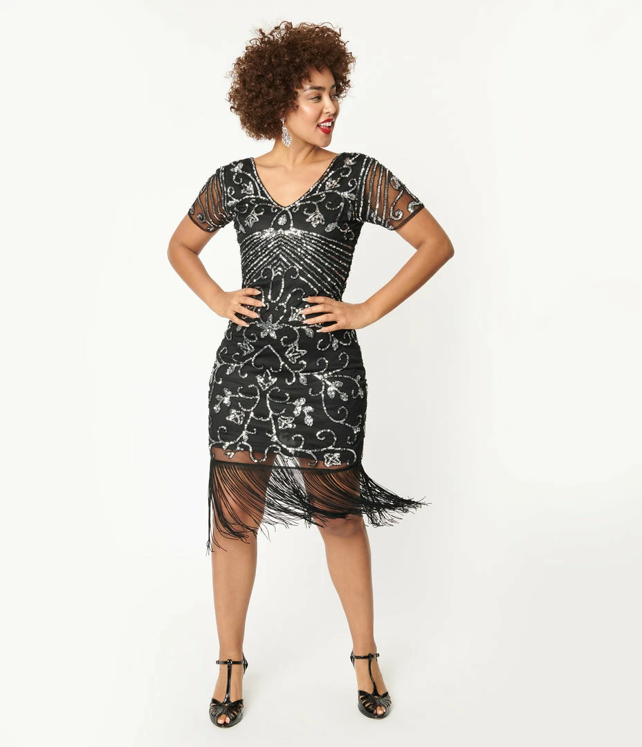 Unique Vintage 1920s Black & Silver Beaded Troyes Flapper Dress