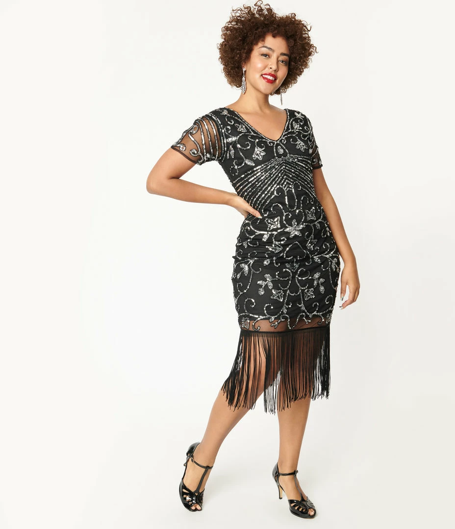 Unique Vintage 1920s Black & Silver Beaded Troyes Flapper Dress