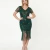 Unique Vintage 1920s Emerald Beaded Troyes Flapper Dress