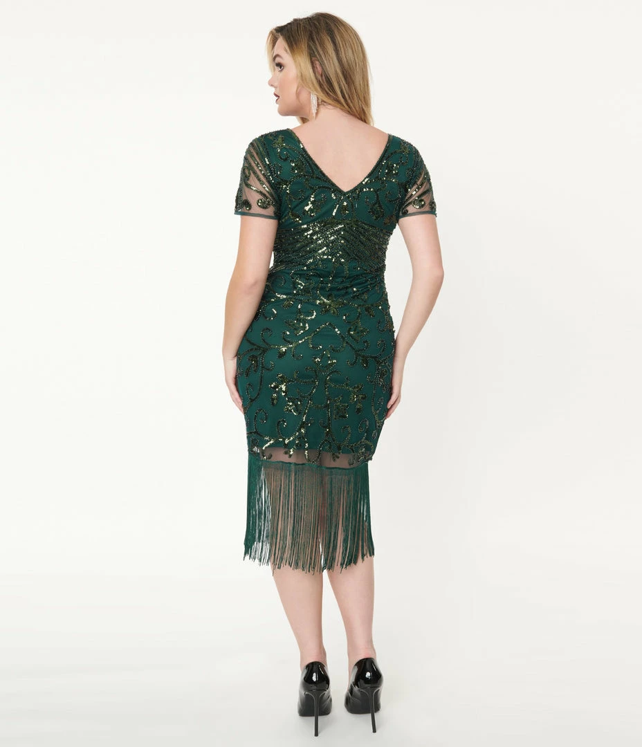Unique Vintage 1920s Emerald Beaded Troyes Flapper Dress