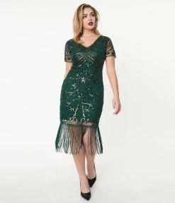 Unique Vintage 1920s Emerald Beaded Troyes Flapper Dress