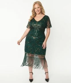 Clothing Unique Vintage Plus Size 1920s Emerald Beaded Troyes Flapper Dress
