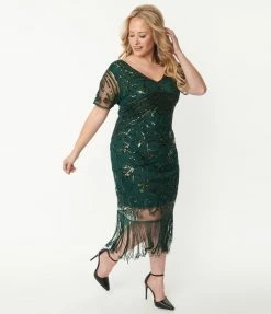 Clothing Unique Vintage Plus Size 1920s Emerald Beaded Troyes Flapper Dress
