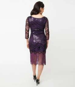 Clothing Unique Vintage 1920s Purple & Black Sequin Sleeved Therese Flapper Dress