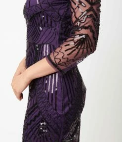 Clothing Unique Vintage 1920s Purple & Black Sequin Sleeved Therese Flapper Dress