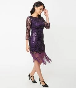 Clothing Unique Vintage 1920s Purple & Black Sequin Sleeved Therese Flapper Dress