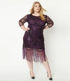 Unique Vintage Plus Size 1920s Purple & Black Sequin Sleeved Therese Flapper Dress