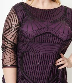 Unique Vintage Plus Size 1920s Purple & Black Sequin Sleeved Therese Flapper Dress