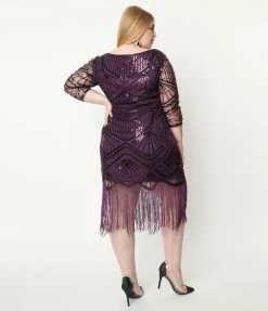 Unique Vintage Plus Size 1920s Purple & Black Sequin Sleeved Therese Flapper Dress