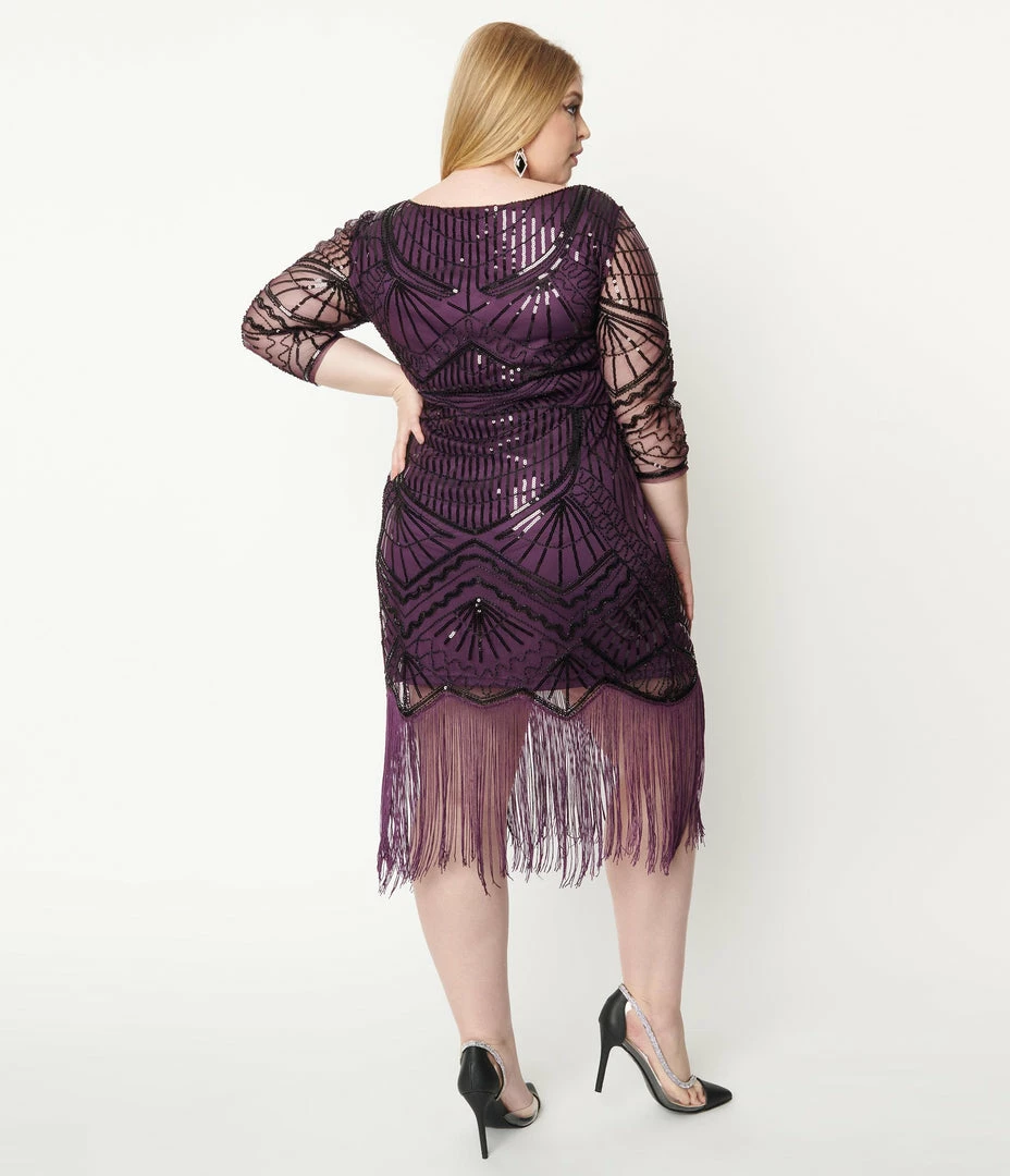 Unique Vintage Plus Size 1920s Purple & Black Sequin Sleeved Therese Flapper Dress
