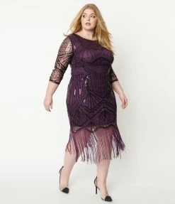 Unique Vintage Plus Size 1920s Purple & Black Sequin Sleeved Therese Flapper Dress
