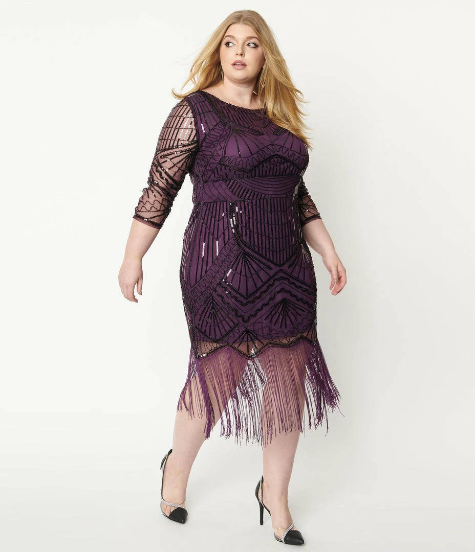 Unique Vintage Plus Size 1920s Purple & Black Sequin Sleeved Therese Flapper Dress