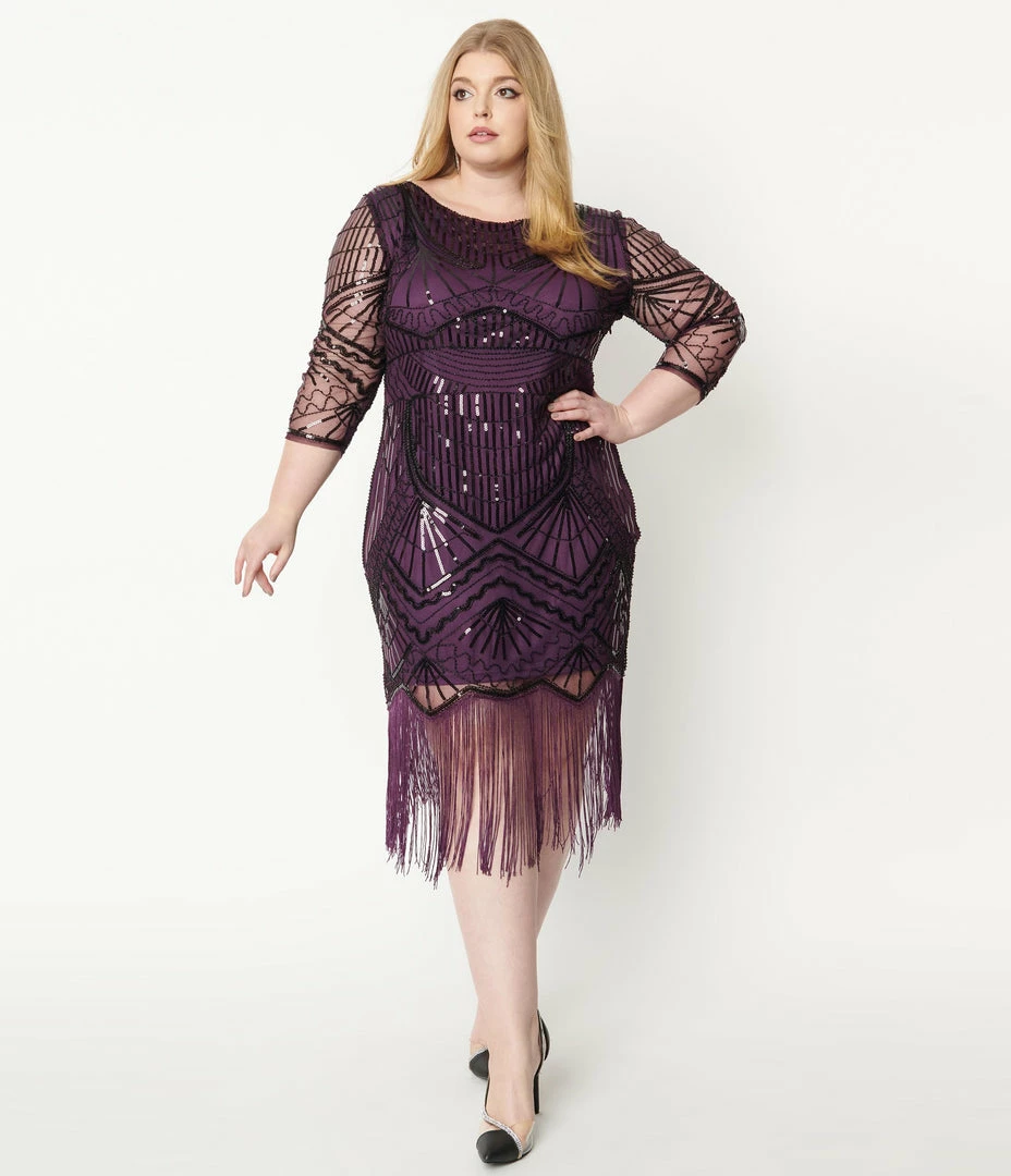 Unique Vintage Plus Size 1920s Purple & Black Sequin Sleeved Therese Flapper Dress