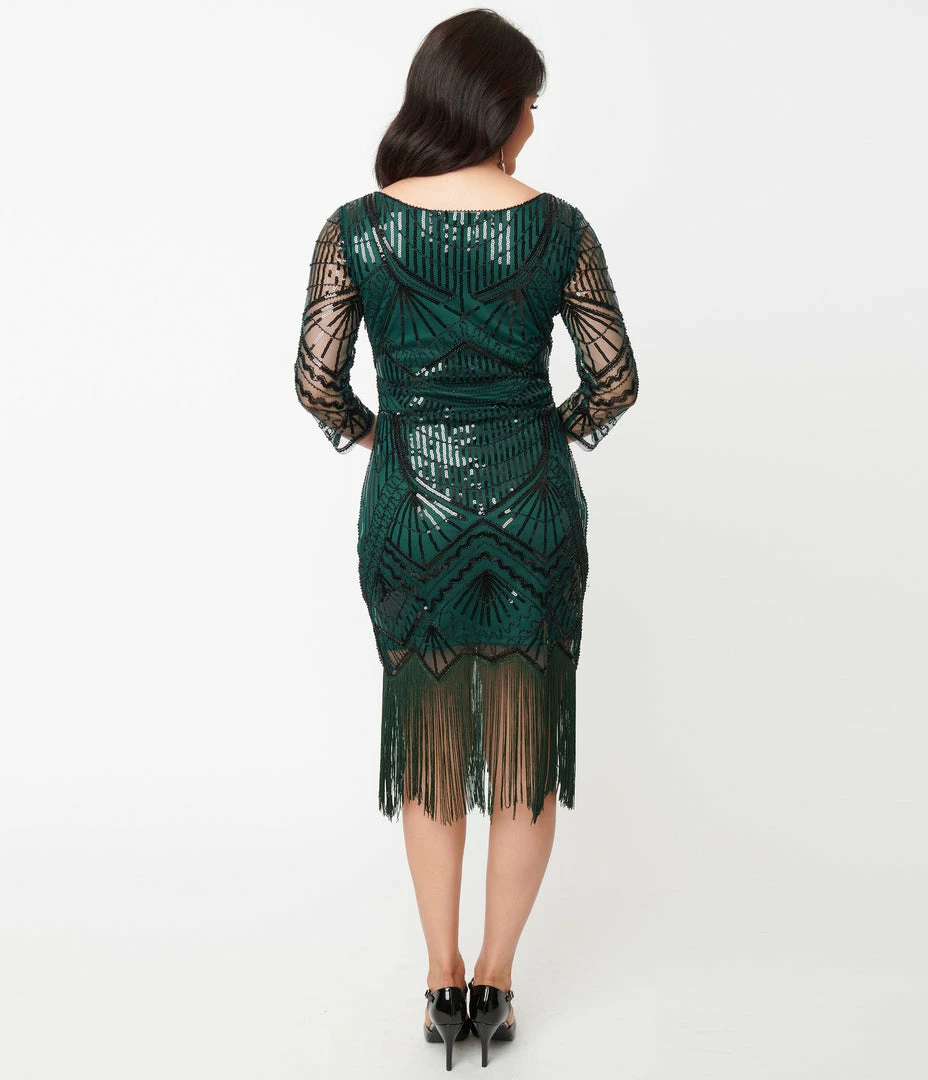 Unique Vintage 1920s Emerald & Black Sequin Sleeved Therese Flapper Dress