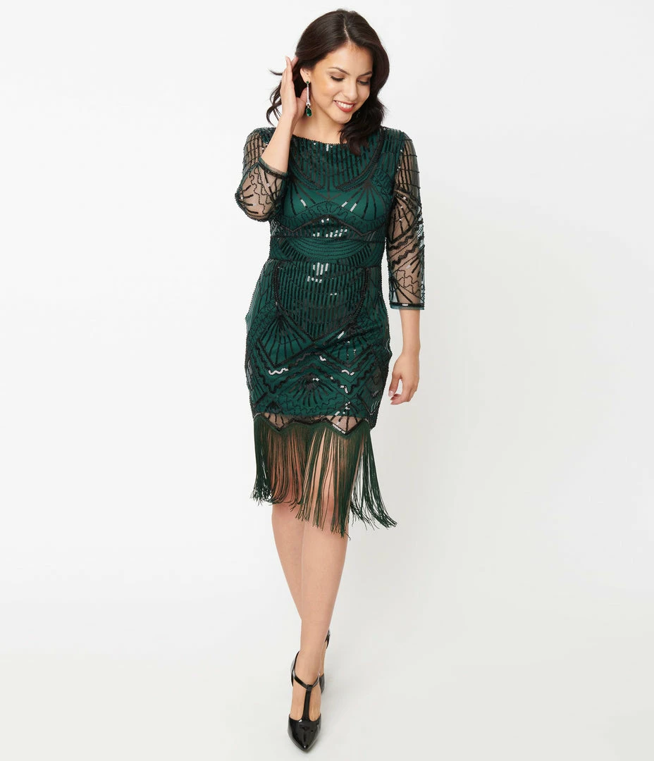 Unique Vintage 1920s Emerald & Black Sequin Sleeved Therese Flapper Dress