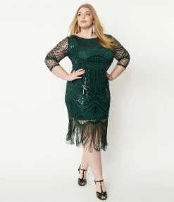 Unique Vintage Plus Size 1920s Emerald & Black Sequin Sleeved Therese Flapper Dress Clothing