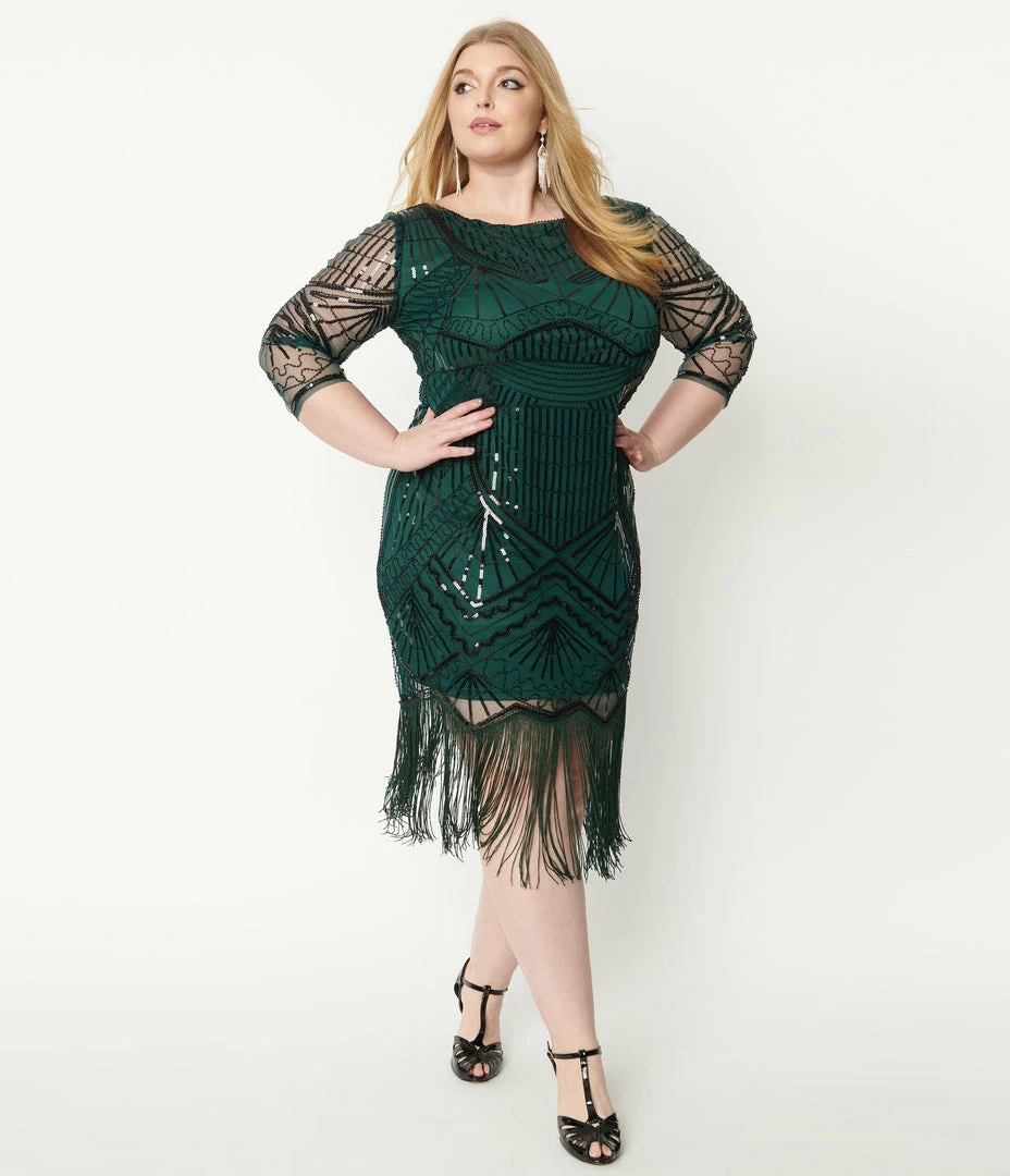 Unique Vintage Plus Size 1920s Emerald & Black Sequin Sleeved Therese Flapper Dress Clothing