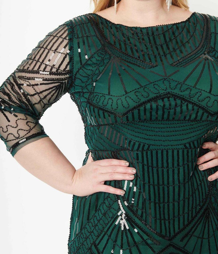 Unique Vintage Plus Size 1920s Emerald & Black Sequin Sleeved Therese Flapper Dress Clothing