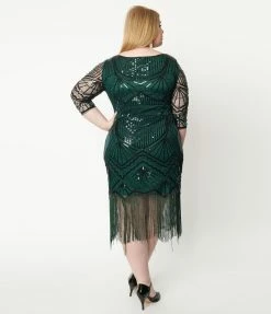 Unique Vintage Plus Size 1920s Emerald & Black Sequin Sleeved Therese Flapper Dress Clothing