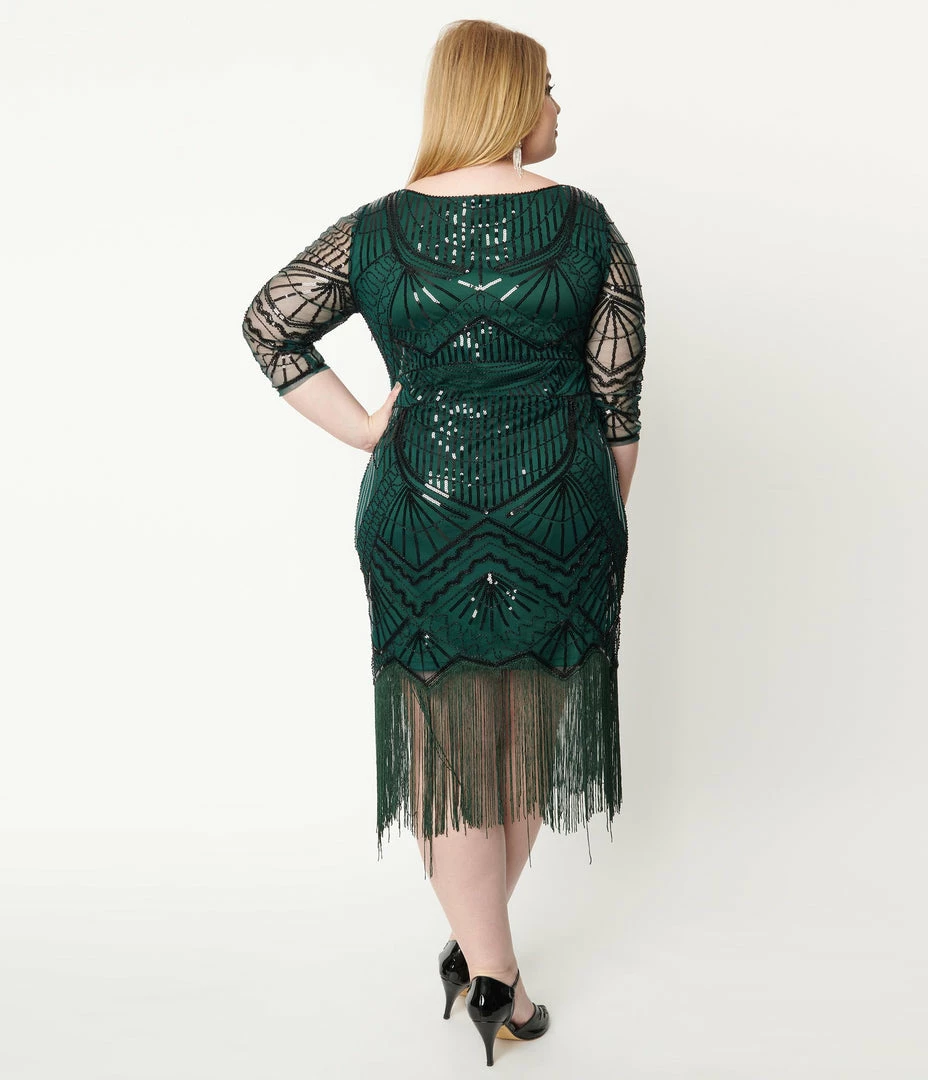 Unique Vintage Plus Size 1920s Emerald & Black Sequin Sleeved Therese Flapper Dress Clothing