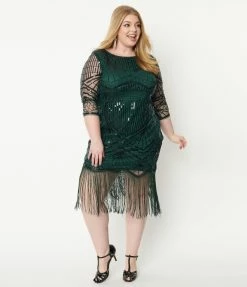 Unique Vintage Plus Size 1920s Emerald & Black Sequin Sleeved Therese Flapper Dress Clothing