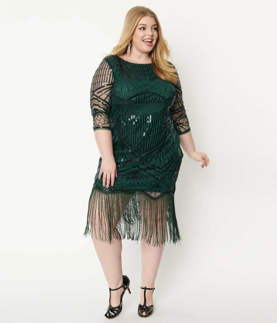 Unique Vintage Plus Size 1920s Emerald & Black Sequin Sleeved Therese Flapper Dress Clothing