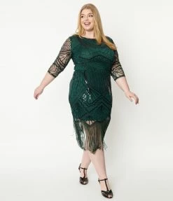 Unique Vintage Plus Size 1920s Emerald & Black Sequin Sleeved Therese Flapper Dress Clothing