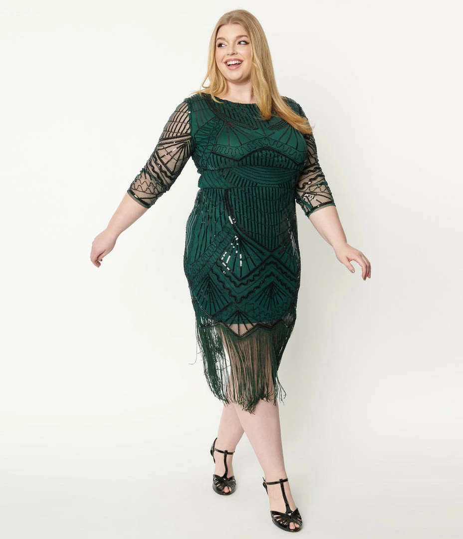 Unique Vintage Plus Size 1920s Emerald & Black Sequin Sleeved Therese Flapper Dress Clothing