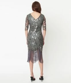 Sale Unique Vintage 1920s Grey & Silver Beaded Lynette Flapper Dress