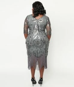 Flapper Dresses Unique Vintage Plus Size 1920s Grey & Silver Beaded Lynette Flapper Dress