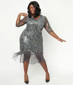 Flapper Dresses Unique Vintage Plus Size 1920s Grey & Silver Beaded Lynette Flapper Dress