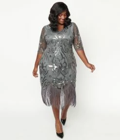 Flapper Dresses Unique Vintage Plus Size 1920s Grey & Silver Beaded Lynette Flapper Dress