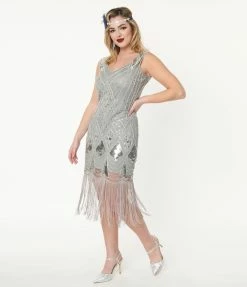 Unique Vintage 1920s Grey & Silver Sequin Lina Flapper Dress